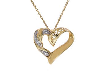 0.01 Carat Round Diamond Heart Pendant on Rolo Link Chain 10K Yellow Gold