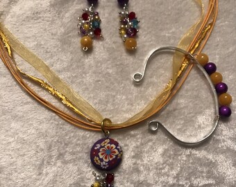 Purple & Yellow Button Pendant jewelry set
