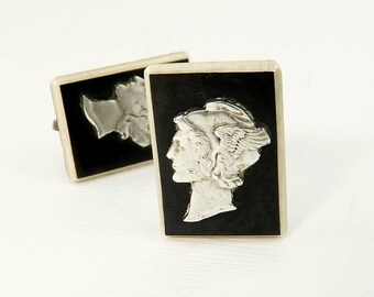 Art Deco Mercury Dime Earrings Black & White Celluloid Screw Back Earrings