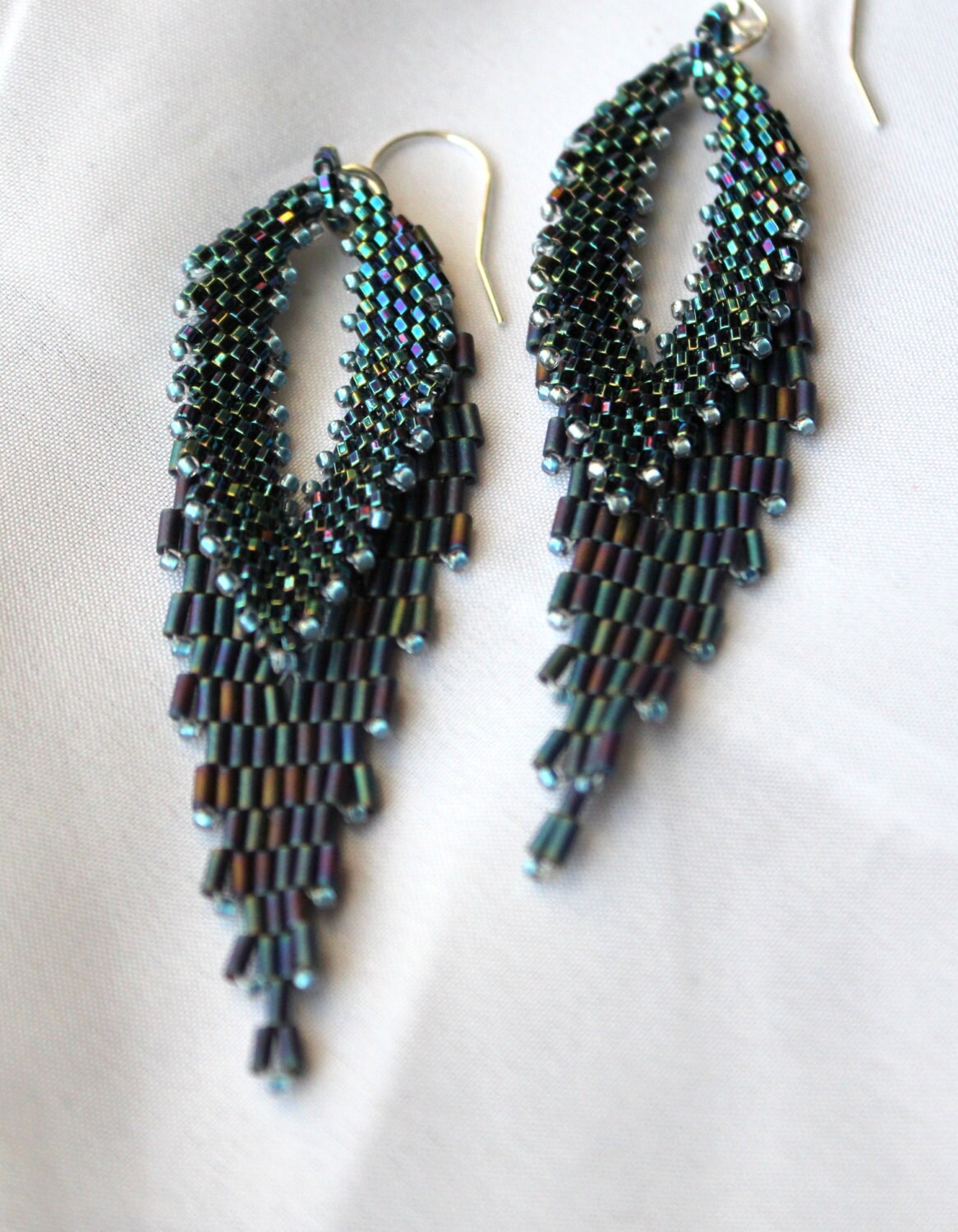 Hand Beaded Russian Leaf earrings with sterling silver