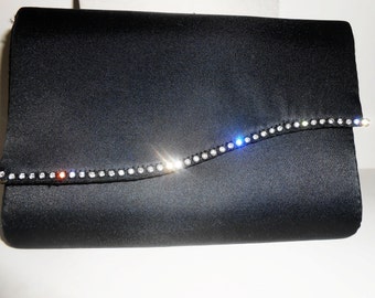 Black Evening Bag, Vintage Black Purse, Rhinestone Trim,Clutch Handbag, Hollywood Glamour, Black Clutch Bag EB-0450
