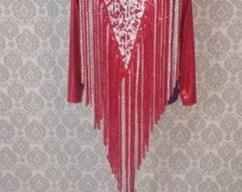 Red and Silver Fringe Leotard Drag Queen Dance Costume