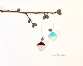 Two birdhouses Pebble Art, Minimal Art, Original Art by Sharon Nowlan, pebble art comes matted or framed in 12 by 12 frame.