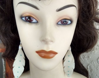 Native American White Deerskin Leather Feather Earrings With Turquoise Beads