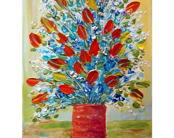 SPRING BOUQUET Original Oil Painting Tulips Forget Me Not Lily of the Valley Art on Canvas by Luiza Vizoli