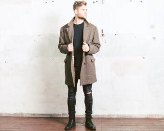 Vintage TWEED Coat . Retro Men's Brown Overcoat Winter Clothing Men's 1970s Jacket Chesterfield Coat Longcoat Outerwear . Large