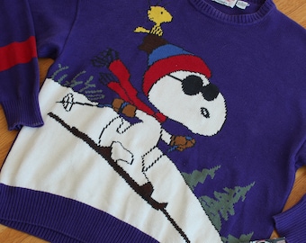 Vintage 80s Snoopy and Friends Bill Ditfort Schulz Ski Knit Sweater Peanuts Joe Cool