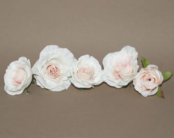 5 Cream Blush Pink Garden Roses - Artificial Flowers, Silk Flower Heads