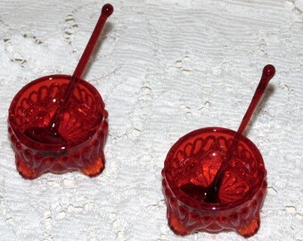 Red Cut Glass Salt Cellars with Red Salt Spoons •. Matched Pair, Open Salt Dips • Open Salts • Salt Spoons •