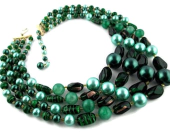 Exceptional Green Foil/Art Glass Faux Pearl 4 Strand Japan Necklace - MiNT & NEW