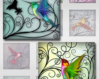 Hummingbirds Pastel Watercolor Paper Instant Download for Glass Resin Pendants 1 and 2 Inch Square Jpeg Images (S-27)