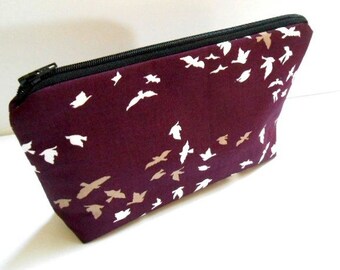 Large Cosmetic Zipper Pouch Large Padded Cosmetic Bag Flat Bottom Zipper Pouch Clutch ECO Friendly NEW Plum Winged Birds