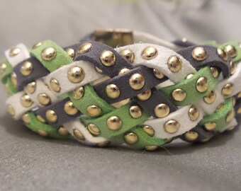 multi strand braided magnetic suede studded Cuff Bracelet