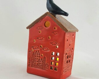 Luminaries, ceramic house luminary, pottery house candle holder, clay house,pottery anniversary, birdhouse luminary, garden house luminary