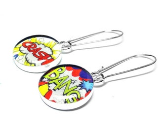 Comic Book Earrings, Superhero Jewelry, Dangle Earrings, Retro Earrings, Superhero Earrings, Shout Outs, Resin, Red Black Blue Yellow