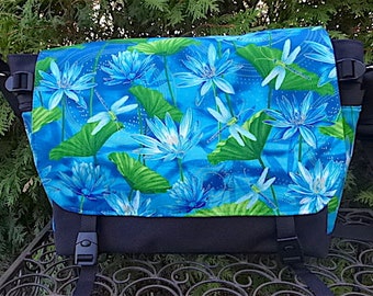 Dragonfly messenger bag, diaper bag, project bag, cross body bag, Lotus Pond, Lynx Deluxe