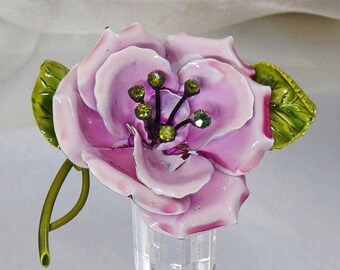 BIG SALE Vintage Lavender and Green Flower Brooch. Large Pale Purple Pink and Olive Green Rhinestone Flower Pin.