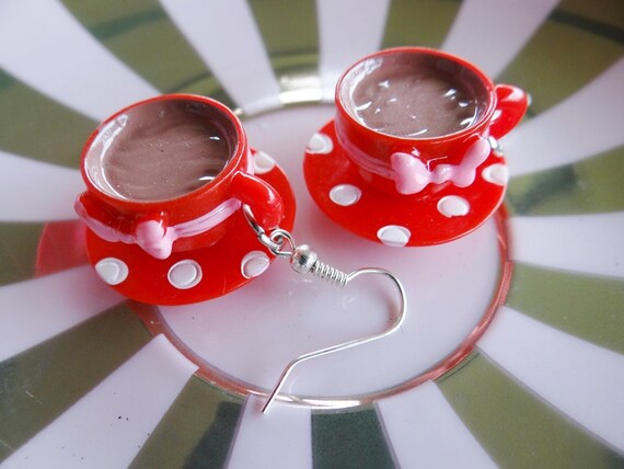 Coffee Earrings Barista Shop Tea Cup Teacup And Saucer Hipster Devonshire Party Cafe Latte Espresso Black Earring Flat White Red Polka Dot