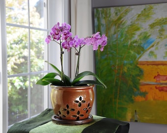 Hilo 2018 Edition (MEDIUM 5.5") Handmade Ceramic Orchid Pot With Attached Saucer, Glazed Pottery, Glazed Pottery, Orchid Planter