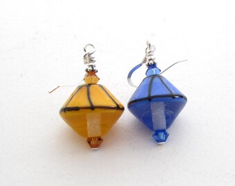 Eurobrollies, Parasol Earrings, Europhile Earrings, Non Matching Earrings with Handmade Lampwork Glass Umbrella Beads, Blue and Yellow
