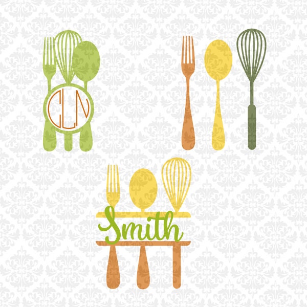 Download Kitchen Utensils Fork Spoon Whisk Chef Monogram Split SVG