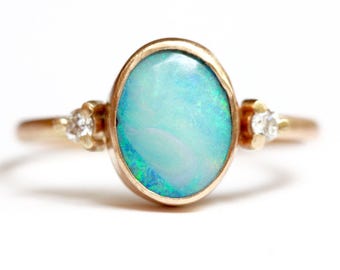 Boulder Opal Ring in 14k Gold - Diamond and Opal Ring - Oval Opal Ring - Flashy Blue Green Opal