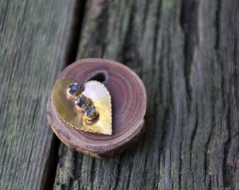 Handmade Repurpose Antique Vintage Jewelry Components Gold Rhinestone Leaf & Wood Brooch OOAK Salvage Upcycle Eco Boho Nature Live Bark Edge