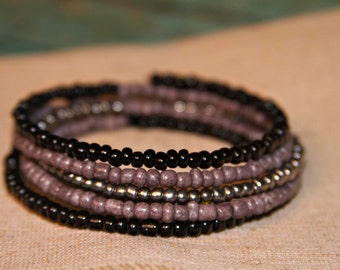 Black, Grey, Silver Memory Wire Bracelet, Boho Bracelet, Beaded Bracelet, Cuff Bracelet, Wrap Around Bracelet, Bohemian Memory Wire Bracelet