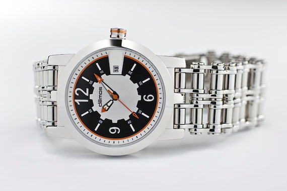 Motorcycle CHAIN Watch / Motocross wristwatch / Mayans MC style - polished stainless steel bracelet with black / white / ORANGE dial