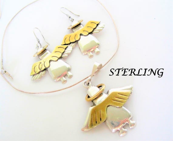 Angel Pendant on Chain, Sterling with Brass Wings, 925 Mexico Signed, 16 Inch Liquid Silver Chain