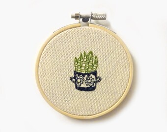 Cup of Aloe Plant Embroidery Hoop Wall Art