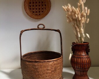 Chinese wicker handle basket / Vintage Chinese handle basket / Woven wicker planter basket / Boho wicker basket
