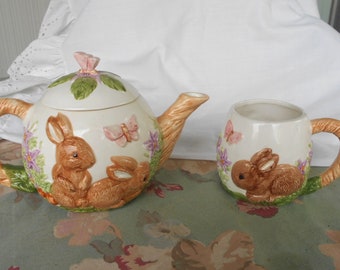 Vintage 1993 Wang Inc Bunny & Butterfly Teapot and Mug 3D