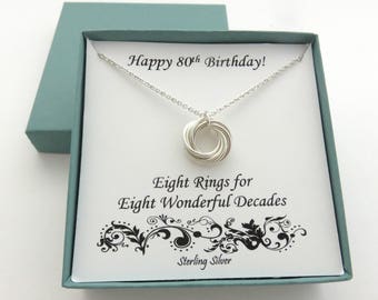 80th Birthday Gift, Sterling Silver Necklace, 80th Birthday, Eight Ring Necklace, Birthday Jewelry, 8th Anniversary,Birthday Gifts, 8 Rings