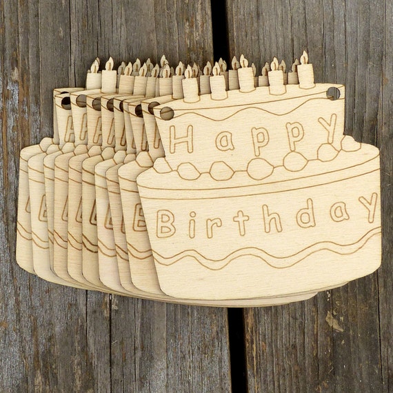 10x Wooden Happy Birthday Cake Craft Shapes 3mm Plywood