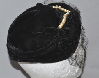 Vintage Ladies' Hat - Black Velvet Shaped Flat Hat or Pancake Hat with Faux Pearl Trim