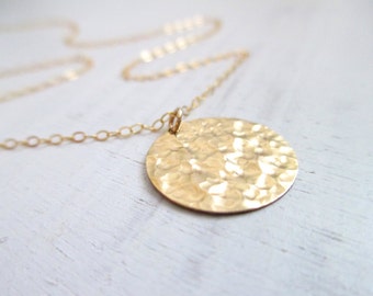 Gold disc necklace, hammered gold necklace, everyday jewelry, bridal necklace, circle necklace, simple minimalist everyday wear, disc charm