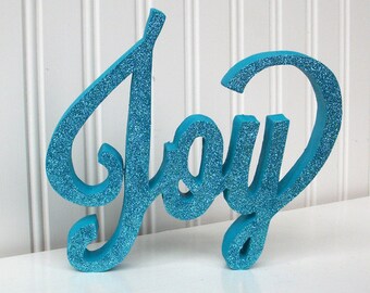 Blue Glitter Joy Word Sign, Mantle Decoration, Holiday Decoration, Wood Joy Sign