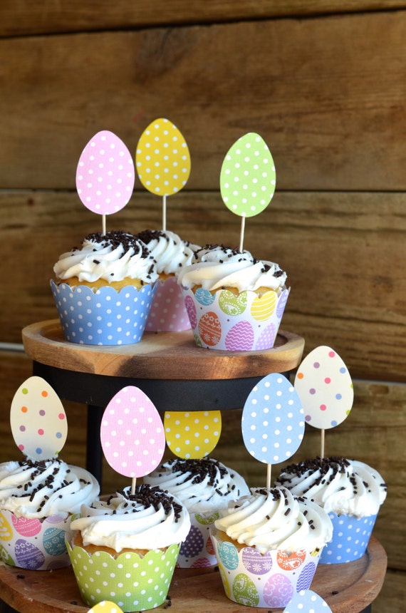 Easter Egg Cupcake Toppers12 in pink green yellow and blue
