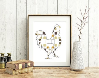 Mid Century Modern Wall Art, Chicken, rooster decor