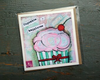 SALE! LARGE greeting card 5x5", Cupcake card, Whimsical Cupcake, Sale Card, Clearance Card, Mixed Media Art card, Cupcakes = Happiness
