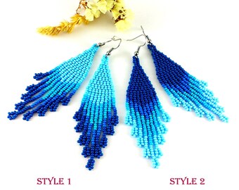 Blue earrings Blue boho earrings Seed bead earrings Blue bohemian earrings Blue jewelry Blue tassel earrings Blue dangle earrings girls gift