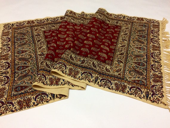 Hand printed 50" inches Red Table Runner- traditional handmade paisley cotton tapestry , natural dyes with tassels