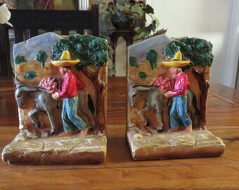 Very Rare Vintage Ceramic Peasant With Donkey Bookends