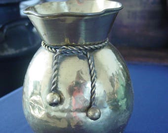Vintage Hammered Brass Vase~Rope~Scalloped Top~Made in India