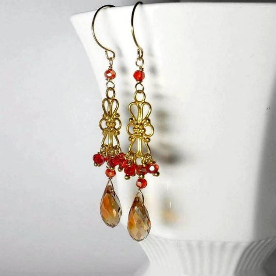 Crystal Cer Earring Orange Yellow Chandelier Earrings Gold