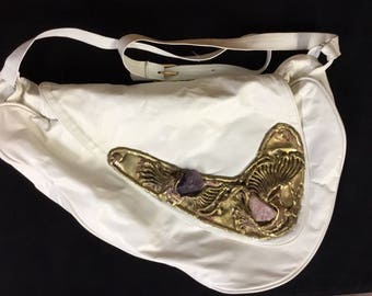 Brutalist Handbag by Copa Collection, signed and made in Mexico, White Leather with Brass, Amethyst & Rose Quartz Accents