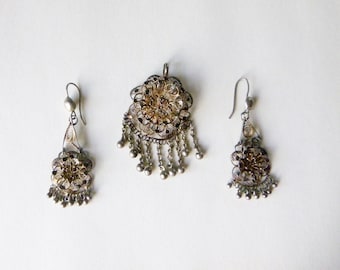 Vintage cannetille demi parure of pendant and pierced drop earrings