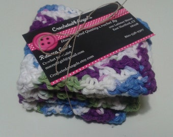 Reusable Crocheted Cotton Dishcloths, Washcloths, Set of 2- Blue,Purple,Green and White Multi Color