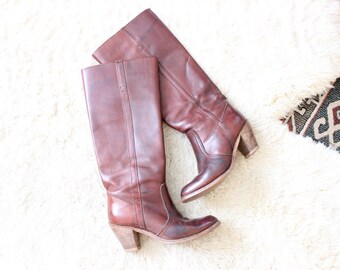 Vintage Leather Boots Knee High Cowboy Boots Riding Boots Red Leather Size 6.5 Women's